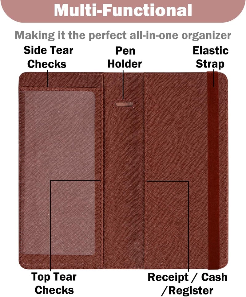 Hot Cool Checkbook Cover with Elastic Band - Premium Leather Clear PVC Divider Durable, Compact, and Multi-Functional Holder Wallet Case for Man and Woman, Cross - Brown - Image 3